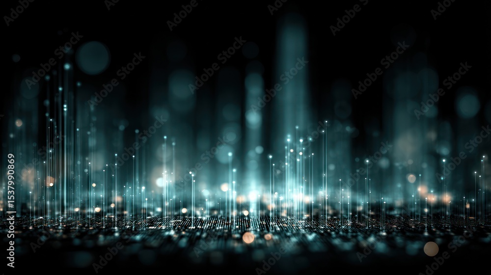 Poster visual representation of digital data flow creating an abstract landscape with neon lights