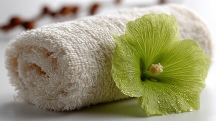 Soft white towel rolled with green flower on a clean surface ready for spa treatment