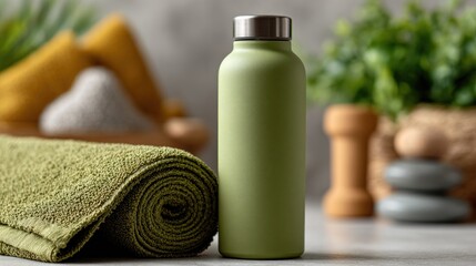 Refreshing green water bottle beside rolled towel in modern home setting