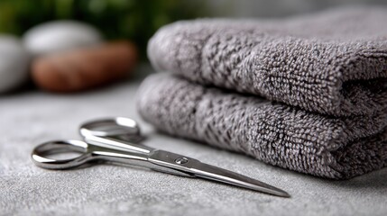 Soft gray towels neatly stacked beside a pair of silver scissors on a stone surface