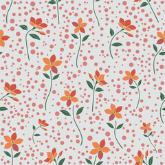 Seamless floral pattern with hand-drawn orange and red flowers and dotted background on white whimsical botanical design for fabric, packaging, wallpaper. vector illustration eps.