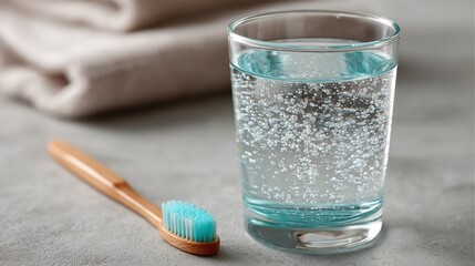 Bubbles and toothbrush beside glass of sparkling water on gray surface