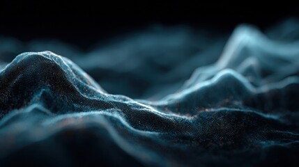 Digital waves create an ethereal landscape of light and texture in a dark setting