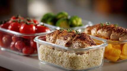 Healthy meal prep with grilled chicken rice and assorted vegetables arranged in containers