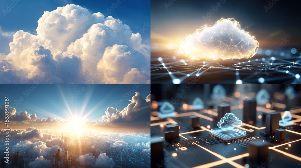Poster four digital images depicting cloud computing. two show fluffy clouds against a vibrant sky. one sho