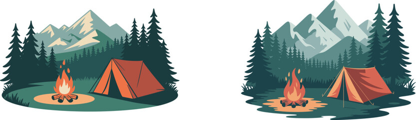 Mountain Camping Adventure Tents, Campfires, and Scenic Views