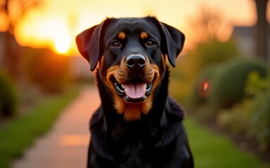 Rottweiler in the garden at sunset. High quality