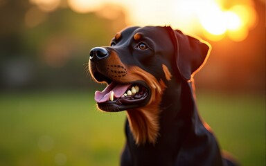 Rottweiler in the garden at sunset. High quality