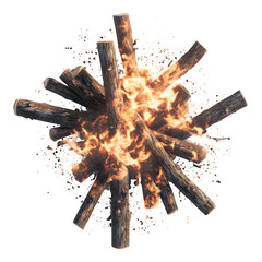 A top down view of a campfire with logs arranged in a starburst pattern and flames in the center