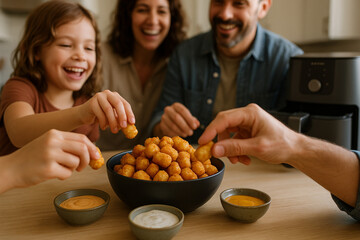 Joyful family enjoying delicious air-fried snacks together.