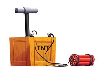 Dynamite plunger box connected by wires to a bundle of red dynamite sticks. Vector cartoon illustration