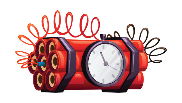 Bundle of dynamite with a ticking clock attached, signifying a time bomb. Vector cartoon illustration