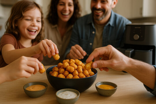 Joyful family enjoying delicious air-fried snacks together.