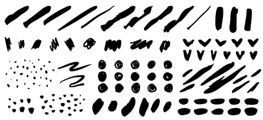 手書きの筆のストロークセット - 直線や装飾的なボーダー。粗いエッジと凹凸のある質感。手描きの区切り線デザイン要素。手書きの丸や落書きのスケッチ　イラストセット　ベクター黒
