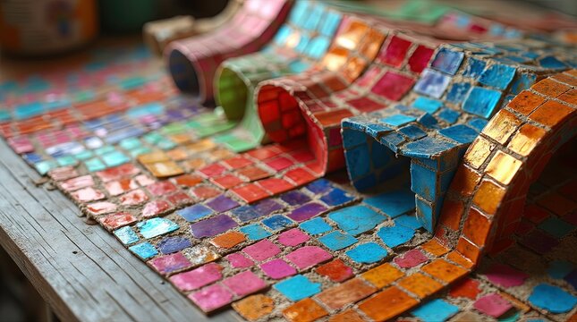 Colorful fabric rolls and swatches displayed on a design table in a bright, creative workspace