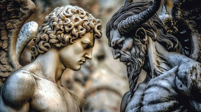 The artistic representation of angels and devils reflects cultural beliefs in good and evil. 