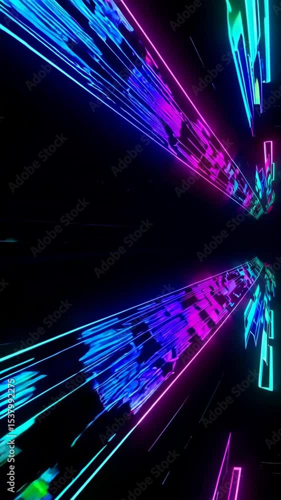 Poster futuristic video concept with neon lights and geometric patterns. dynamic low-angle shot creates a s