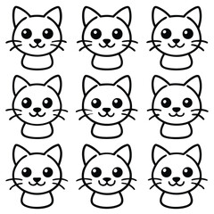 Fototapeta premium Set of nine cute cartoon cat head icons in a black and white line art style.