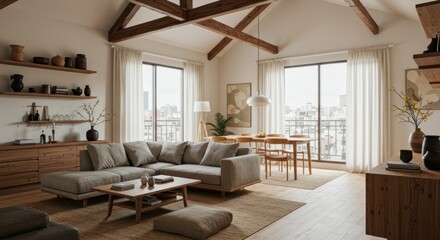 Fototapeta premium Bright modern interior with wooden beams and large windows