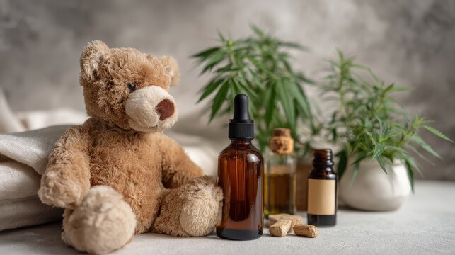 Naklejki Brown teddy bear sits near cannabinoid oil bottles and hemp plant, suggesting natural relaxation for kids with alternative medicine and soothing aromatherapy.