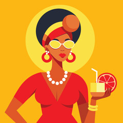 Stylish black woman in red dress enjoying a grapefruit drink