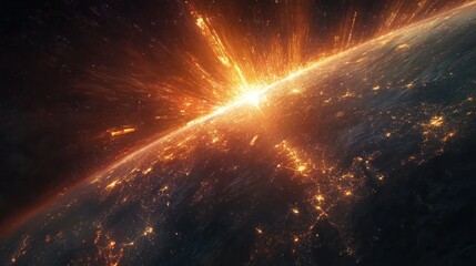 Obraz premium Planet Earth Exploding. Fiery destruction radiating from the edge of the world