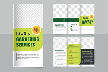 Lawn Mower Garden or Landscaping Agricultural service Design, trifold brochure design template,  Modern Lawn Care Trifold Brochure Template, Gardening, Landscaper or Agro firming services