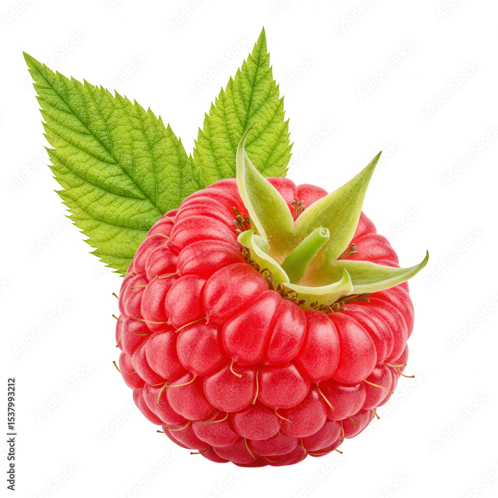 Poster single fresh raspberry with green leaves isolated on transparent background