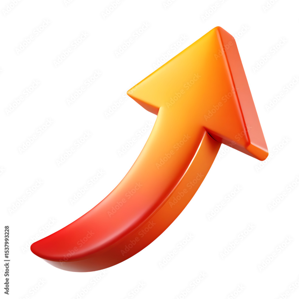 Poster bold curved orange arrow pointing upward on a black background representing growth and progress