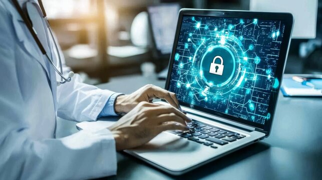 Physician at desk, emphasizing cybersecurity.