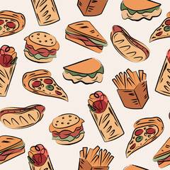 Fast Food Seamless Pattern Hand Drawn Style. Colorful Ornament with Pizza, Burger, Sandwich. Trendy Contemporary Design for Fabric, Prints, Social Media, Textile, Invitations, Fabric, Food Menu Design
