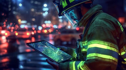 Firefighter utilizing digital tablet for emergency management