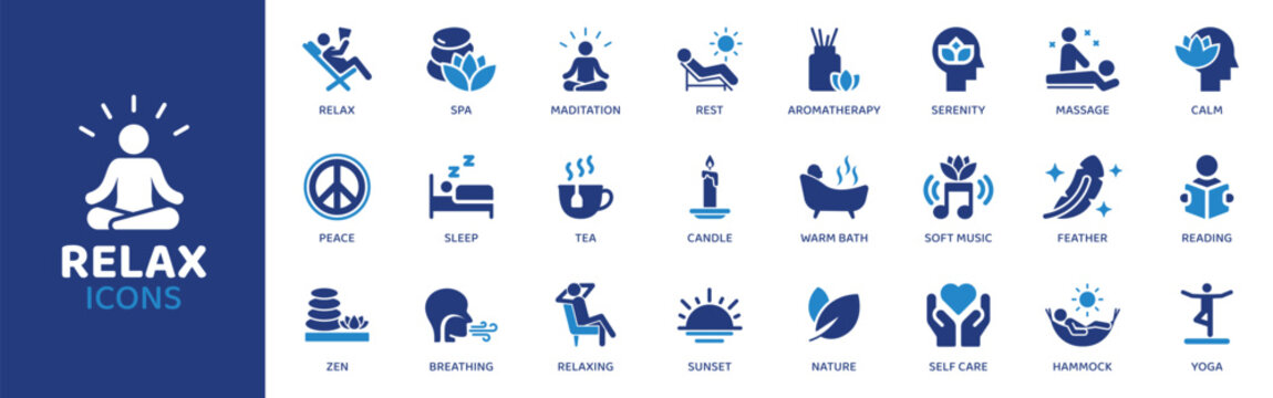 Relax - Icon Collection. Thin Line Set contains such Icons as Relax, Rest, Sleep, Nap, Calm, Peace, Zen and more. Simple web icons set.