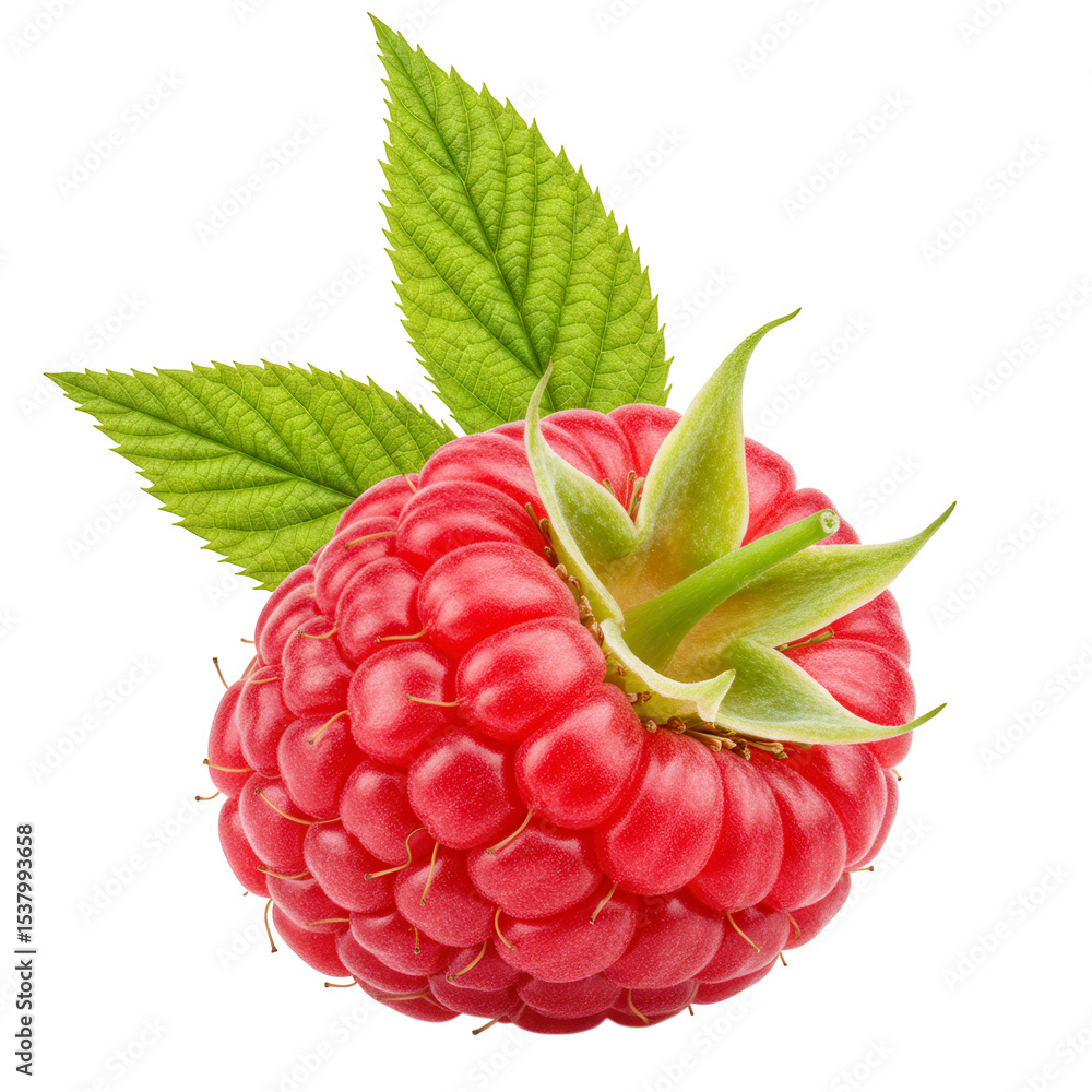 Poster single red raspberry with green leaves isolated on transparent background