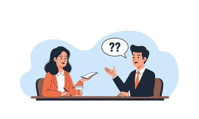 Interview or Business Meeting with Questions and Answers. Professional man and woman in an interview or business meeting, with the man expressing questions or uncertainty.