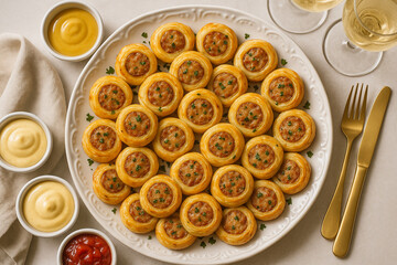 Golden-baked sausage pinwheels with dipping sauces.