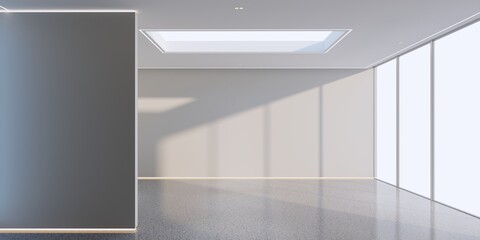 Futuristic White Empty Room with Skylight and Blank Wall for Poster Mockup, Sunlight and Shadows, 8K 3D Render