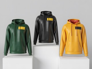 Three Hooded Sweatshirts Dark Green Black Gold Mockup