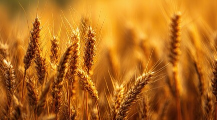 Fototapeta premium Golden wheat stalks bathed in warm sunlight, filling the frame with a shallow depth of field, showcasing the texture and color variations of the ripe harvest