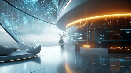 Futuristic, circular, modern lobby with panoramic city views and digital displays