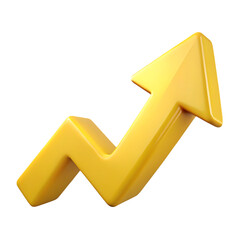 Illustrative 3d render of a yellow upward arrow on a black background demonstrating growth and progress