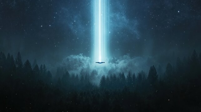 Cosmic encounter over a mystical forest.  A beam of light descends from the stars, illuminating a UFO, hovering above the dark woods