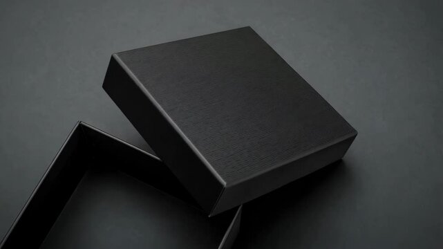 Open black textured gift box with lid resting on a dark surface, empty container for small items, luxury packaging with clean edges