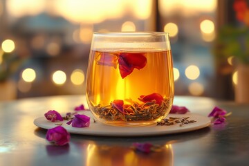 Glass of tea at sunset with tea leaves and straine