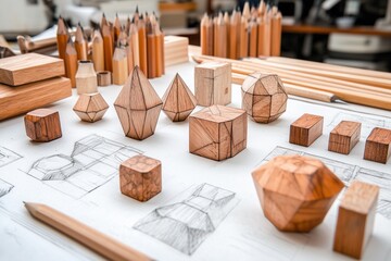 Geometric shapes sketch process, wooden blocks and pencil drawings