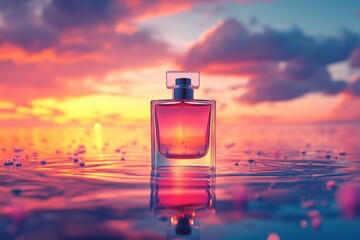 Floating perfume bottle at sunset with vibrant gradient colors