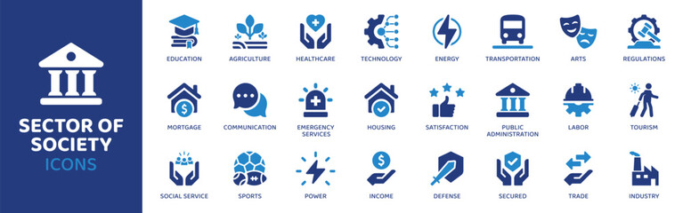 Sector Of Society - Icon Collection. Thin Line Set contains such Icons as Education, Healthcare, Finance, Agriculture, Industry, Technology, Energy and more. Simple web icons set.
