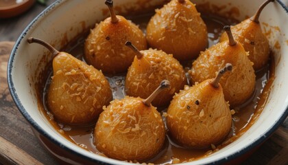 Delicious Poached Pears in Caramel Sauce With Coconut Garnish Served in a Rustic Dish