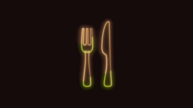 Fork and Knife Icon Neon Seamless Loop 4K (Black Background) | Animated Promotional Typography for Video Editing