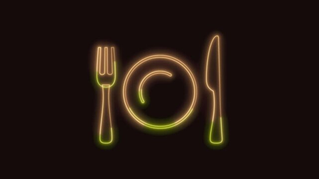 Fork and Knife with Plate Icon Neon Seamless Loop 4K (Black Background) | Animated Promotional Typography for Video Editing